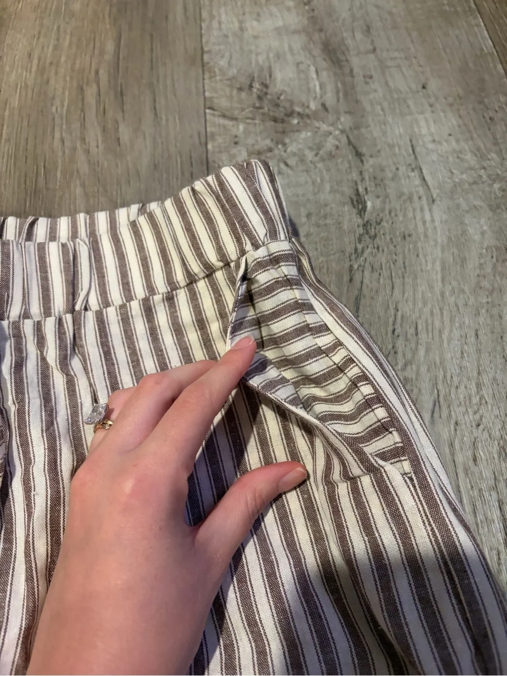 Striped Drawstring Women’s Pants - Beige & Brown. Size Small